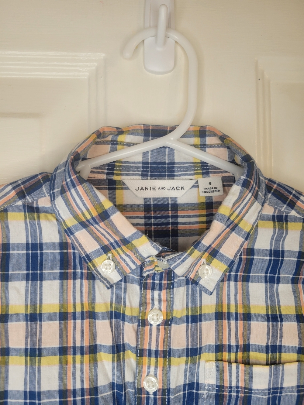 Janie and Jack Boys' Short-Sleeve Plaid Button-Down Shirt - Navy/Yellow/Pink - Picture 2 of 6